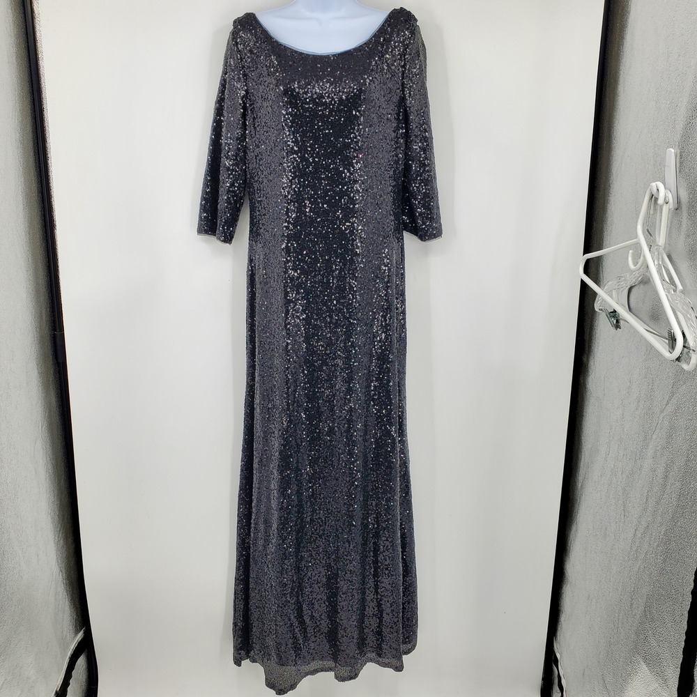 Christina‎ Wu Celebration Black Sequin Gown 3/4 Sleeve Cowl Back Dress 12 Formal